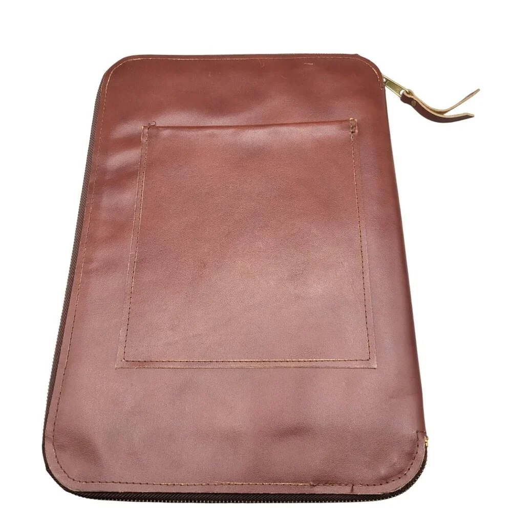 Vintage Leather Office Portfolio Binder Zip Around Outside Inside Pockets